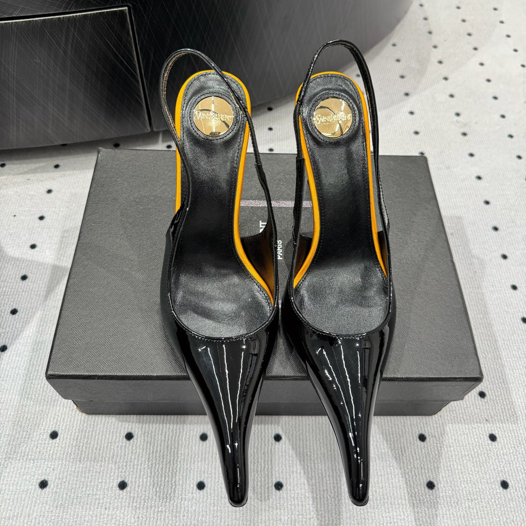 YSL 26S POINTED-TOE SLINGBACK HEELS 105 MM IN BLACK AND ORANGE PATENT CALFSKIN