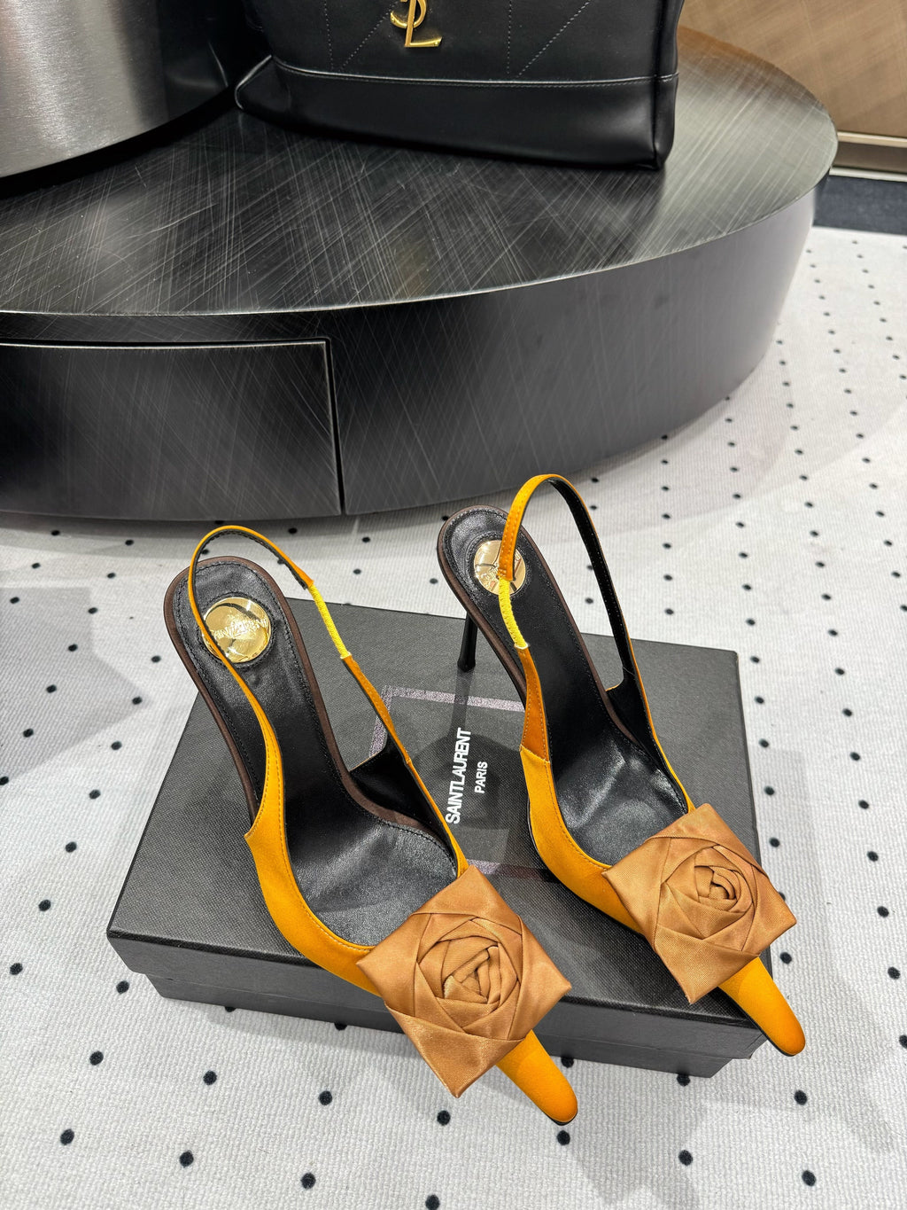 YSL 26S SLINGBACK HEELS 105 MM IN DARK ORANGE SATIN