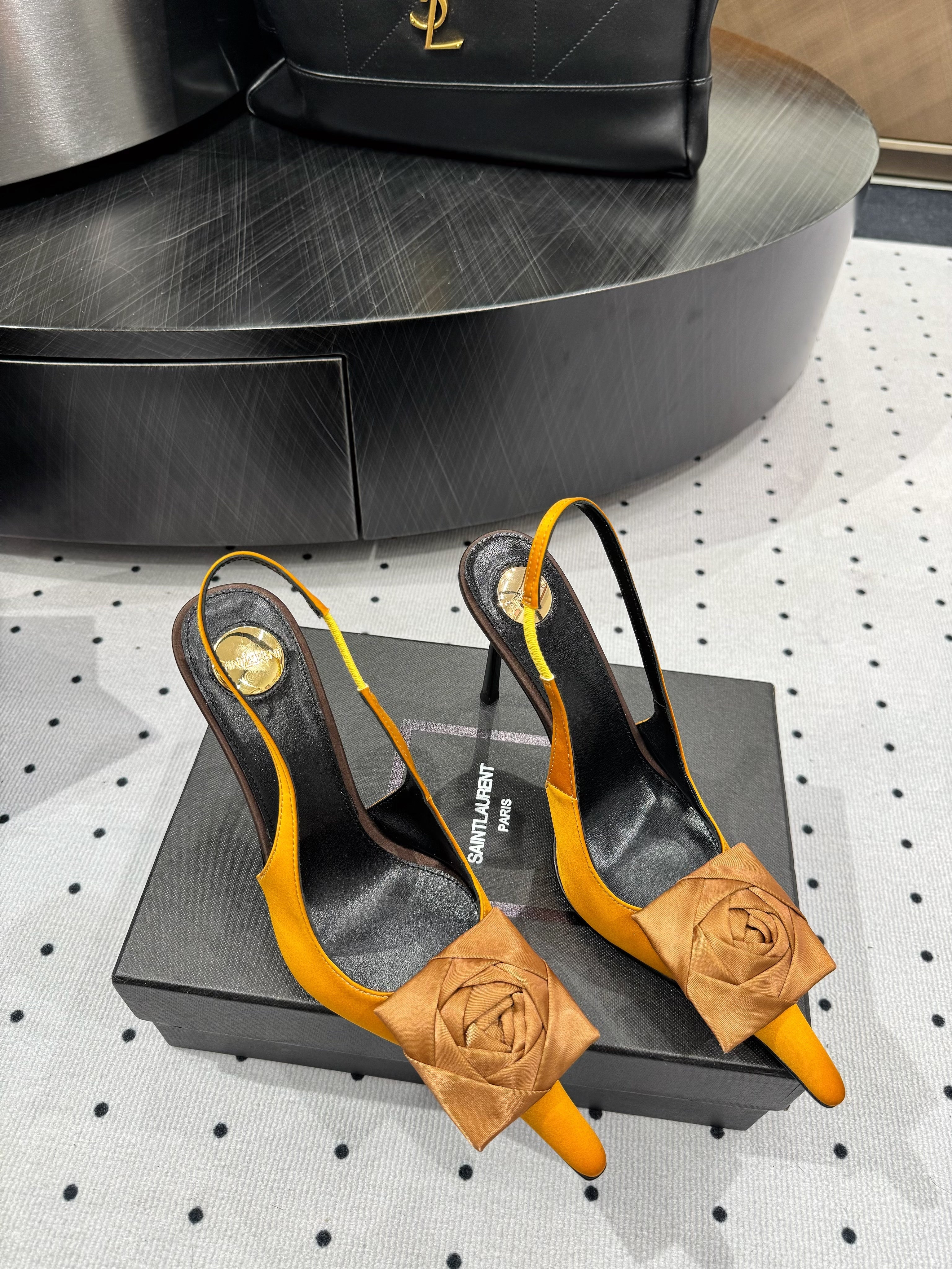 YSL 26S SLINGBACK HEELS 105 MM IN DARK ORANGE SATIN