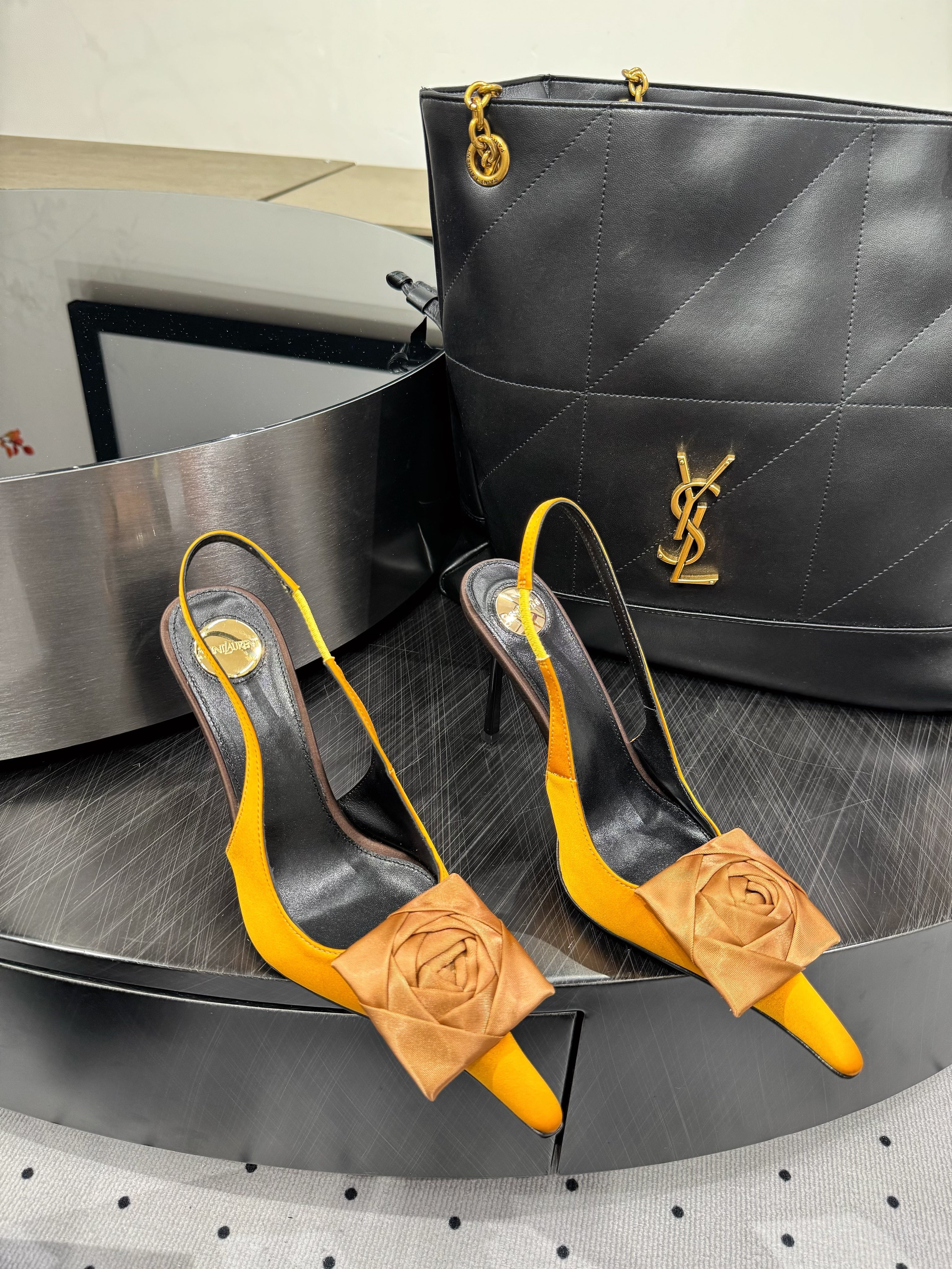 YSL 26S SLINGBACK HEELS 105 MM IN DARK ORANGE SATIN