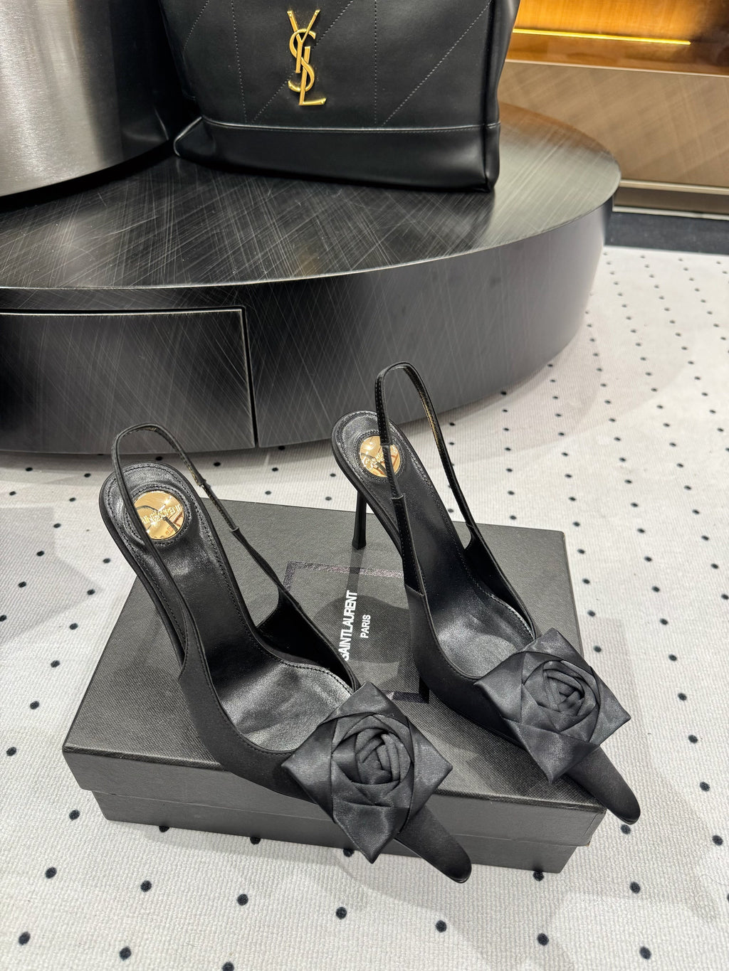 YSL 26S SLINGBACK HEELS 105 MM IN BLACK SATIN