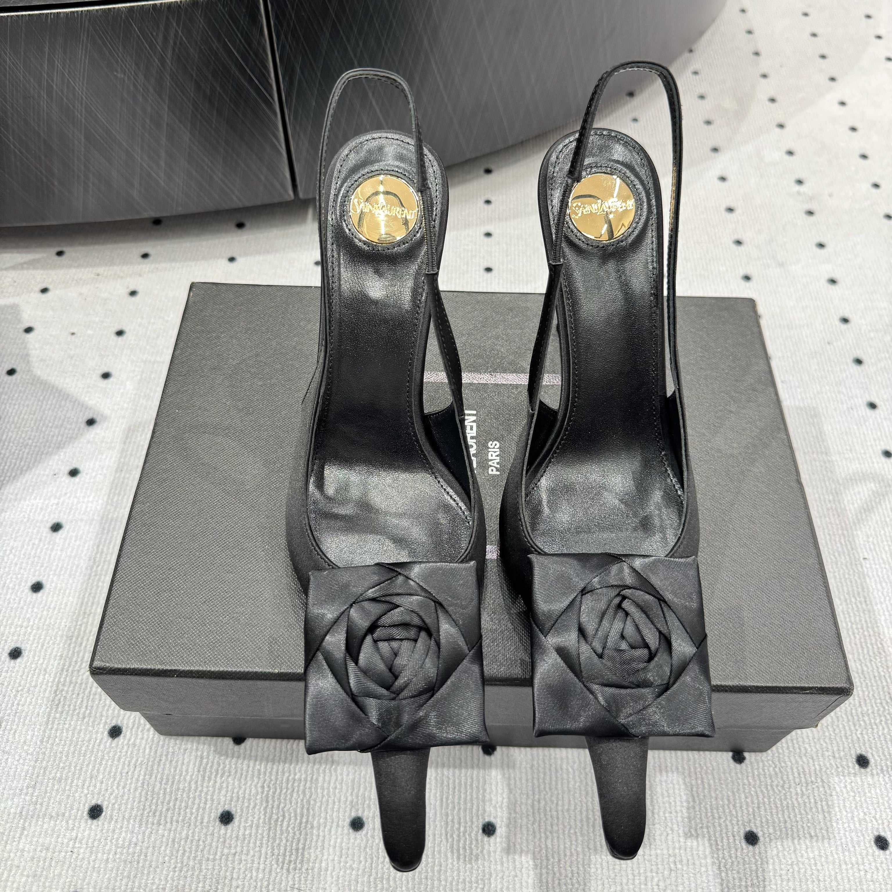 YSL 26S SLINGBACK HEELS 105 MM IN BLACK SATIN
