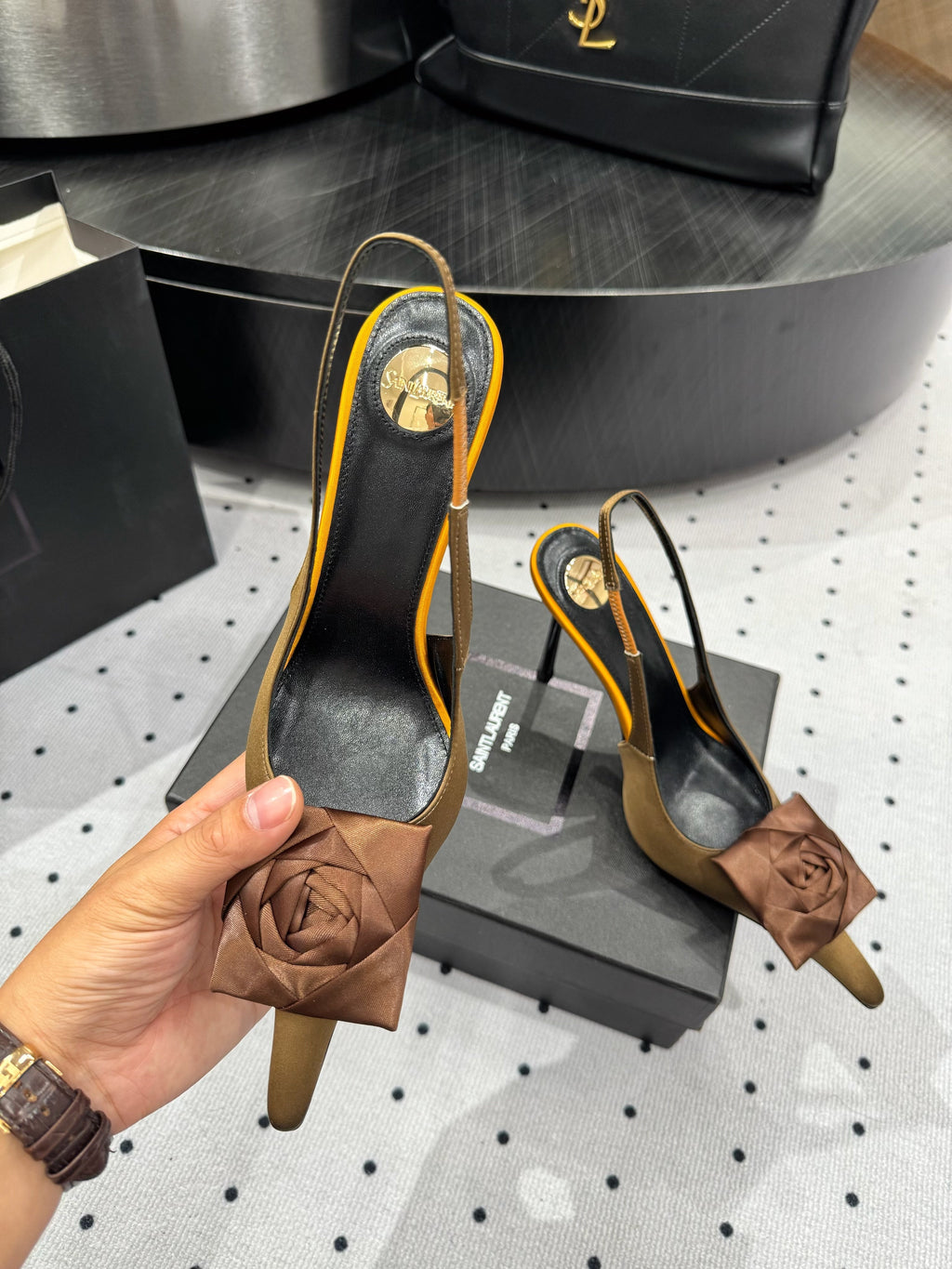 YSL 26S SLINGBACK HEELS 105 MM IN BROWN AND OLIVE SATIN