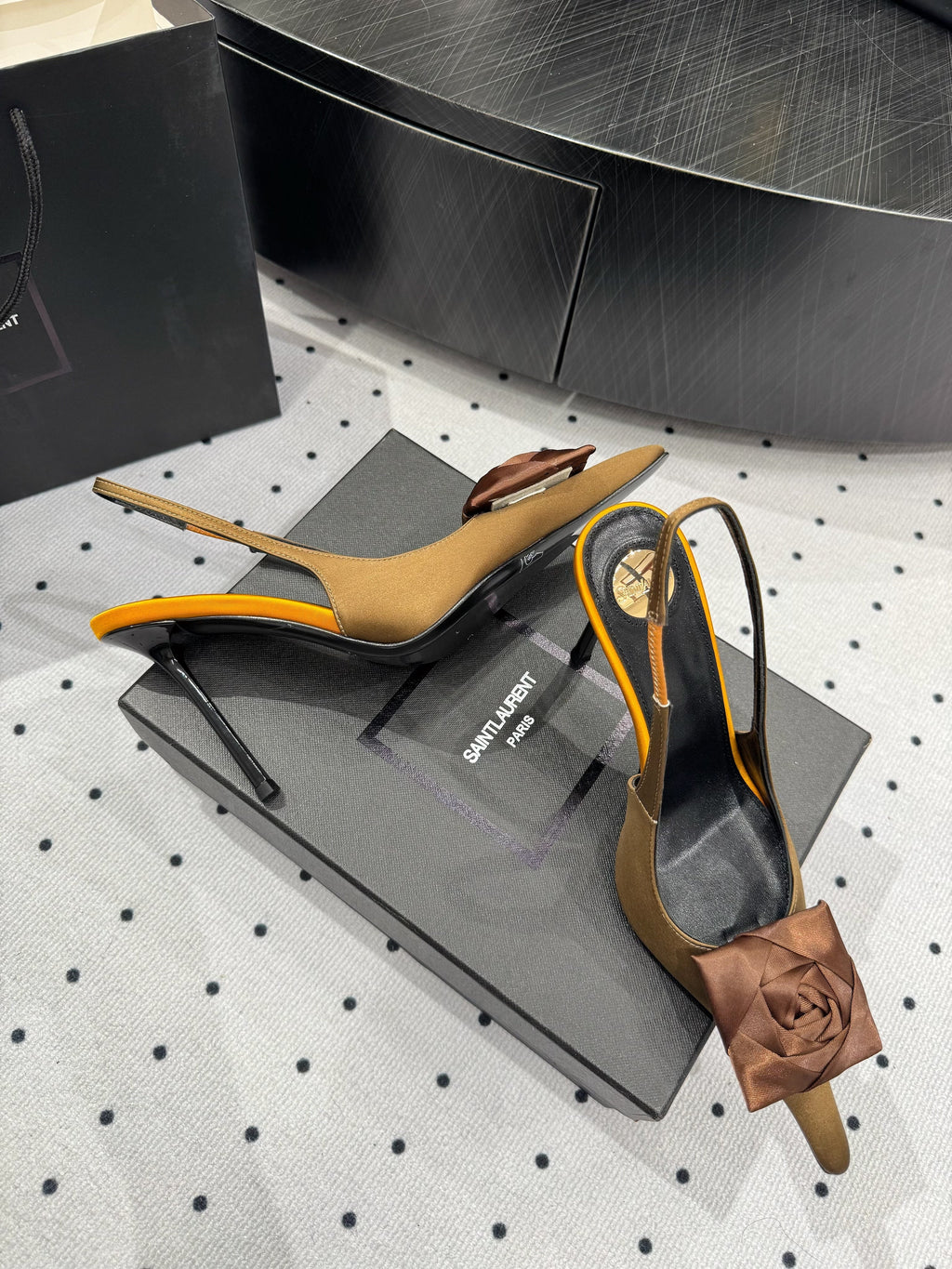YSL 26S SLINGBACK HEELS 105 MM IN BROWN AND OLIVE SATIN