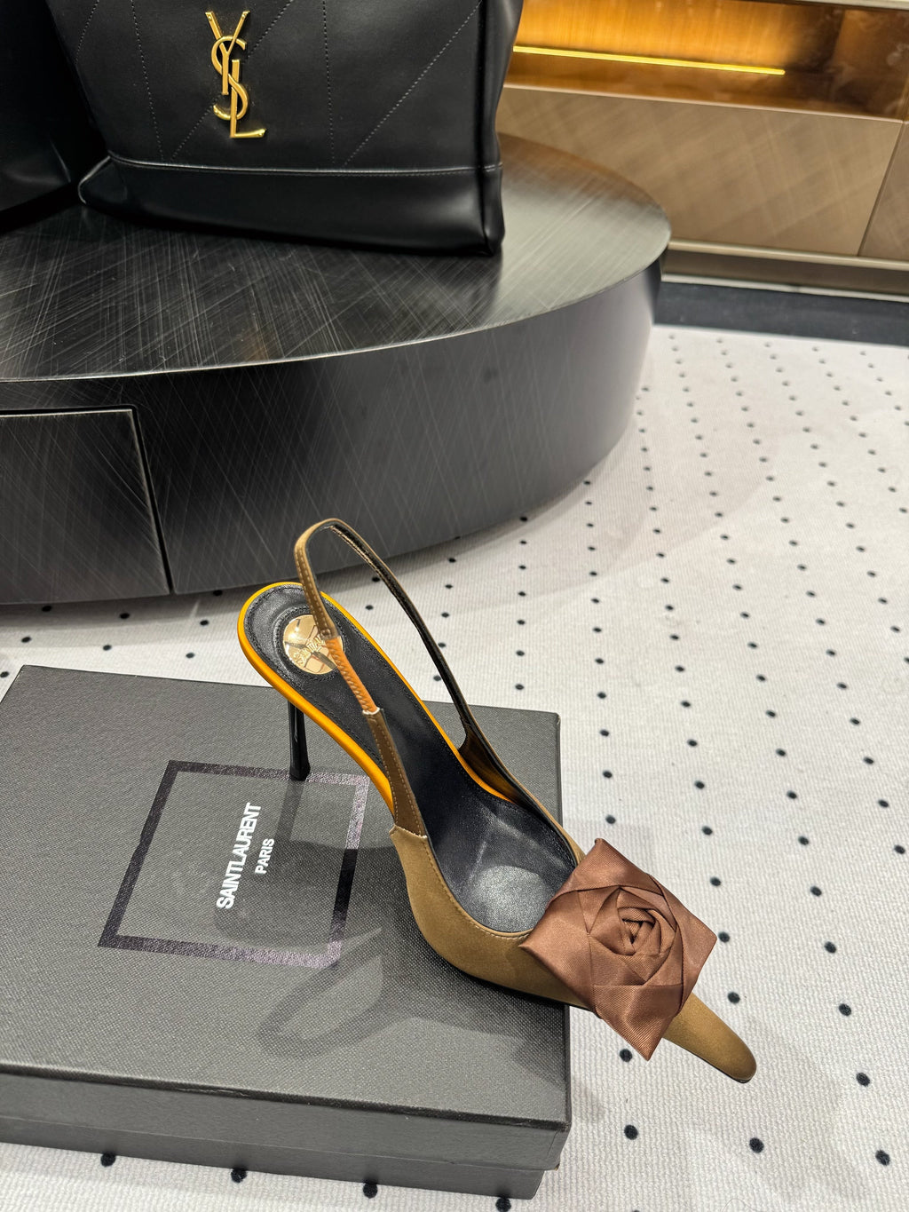 YSL 26S SLINGBACK HEELS 105 MM IN BROWN AND OLIVE SATIN