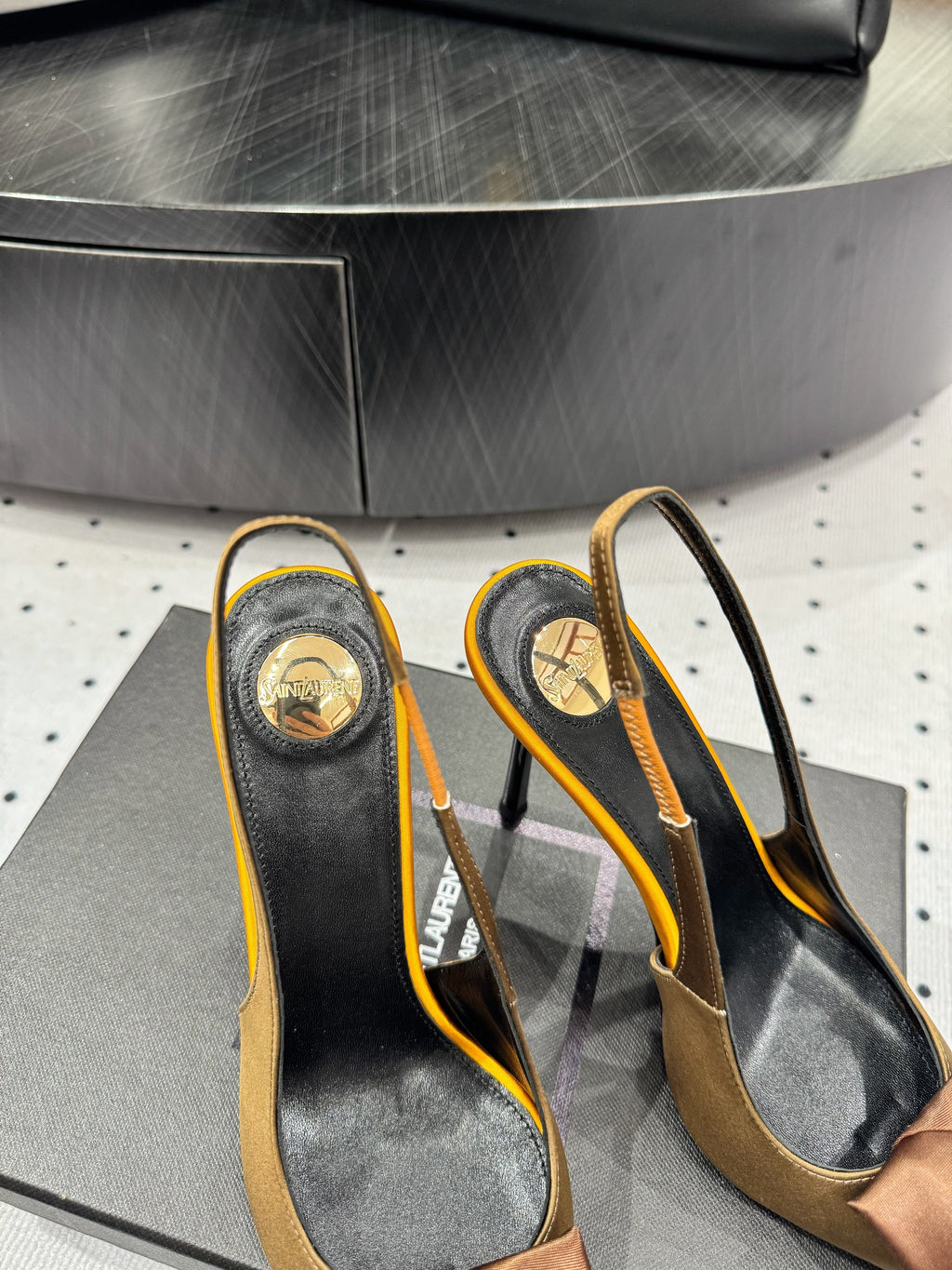 YSL 26S SLINGBACK HEELS 105 MM IN BROWN AND OLIVE SATIN