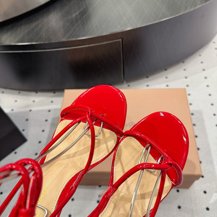 GIANVITO ROSSI 26S LACE-UP HEEL SANDALS 85 MM IN RED LAMBSKIN