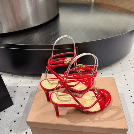 GIANVITO ROSSI 26S LACE-UP HEEL SANDALS 85 MM IN RED LAMBSKIN