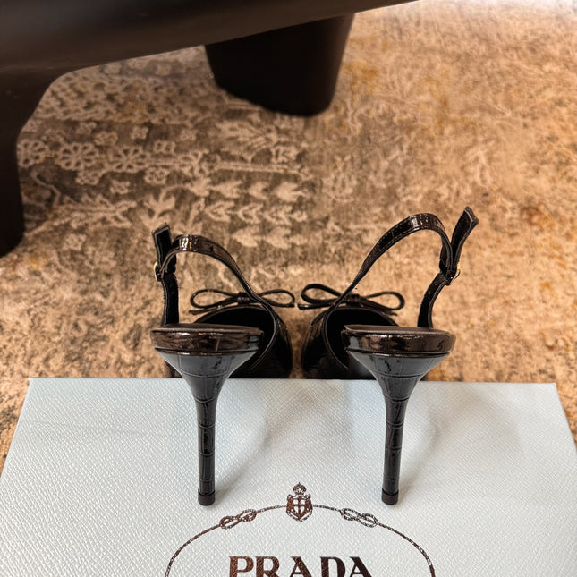 PRADA 25S SLINGBACK HIGH HEELS 75 MM IN BLACK EMBOSSED COWHIDE
