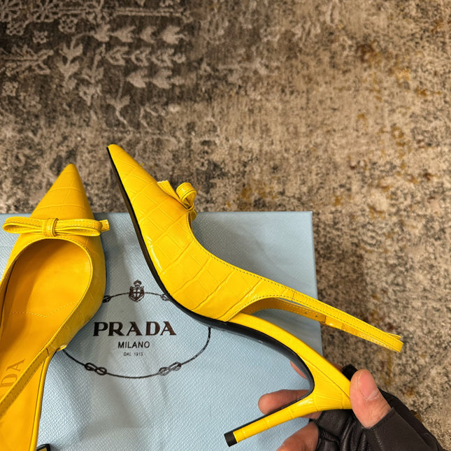 PRADA 25S SLINGBACK HIGH HEELS 75 MM IN YELLOW EMBOSSED COWHIDE