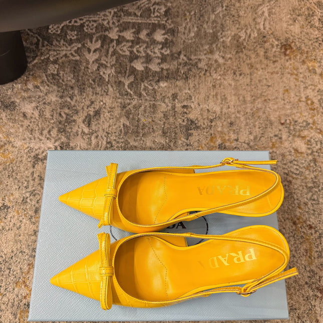 PRADA 25S SLINGBACK HIGH HEELS 75 MM IN YELLOW EMBOSSED COWHIDE