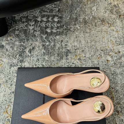 YSL 26S HEELED SLINGBACKS 100 MM IN WARM NUDE GLOSSY CALFSKIN