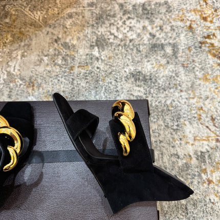 ALAIA 26S DOUBLE STRAP WEDGE SANDALS 110 MM IN BLACK SUEDE WITH GOLD HARDWARE