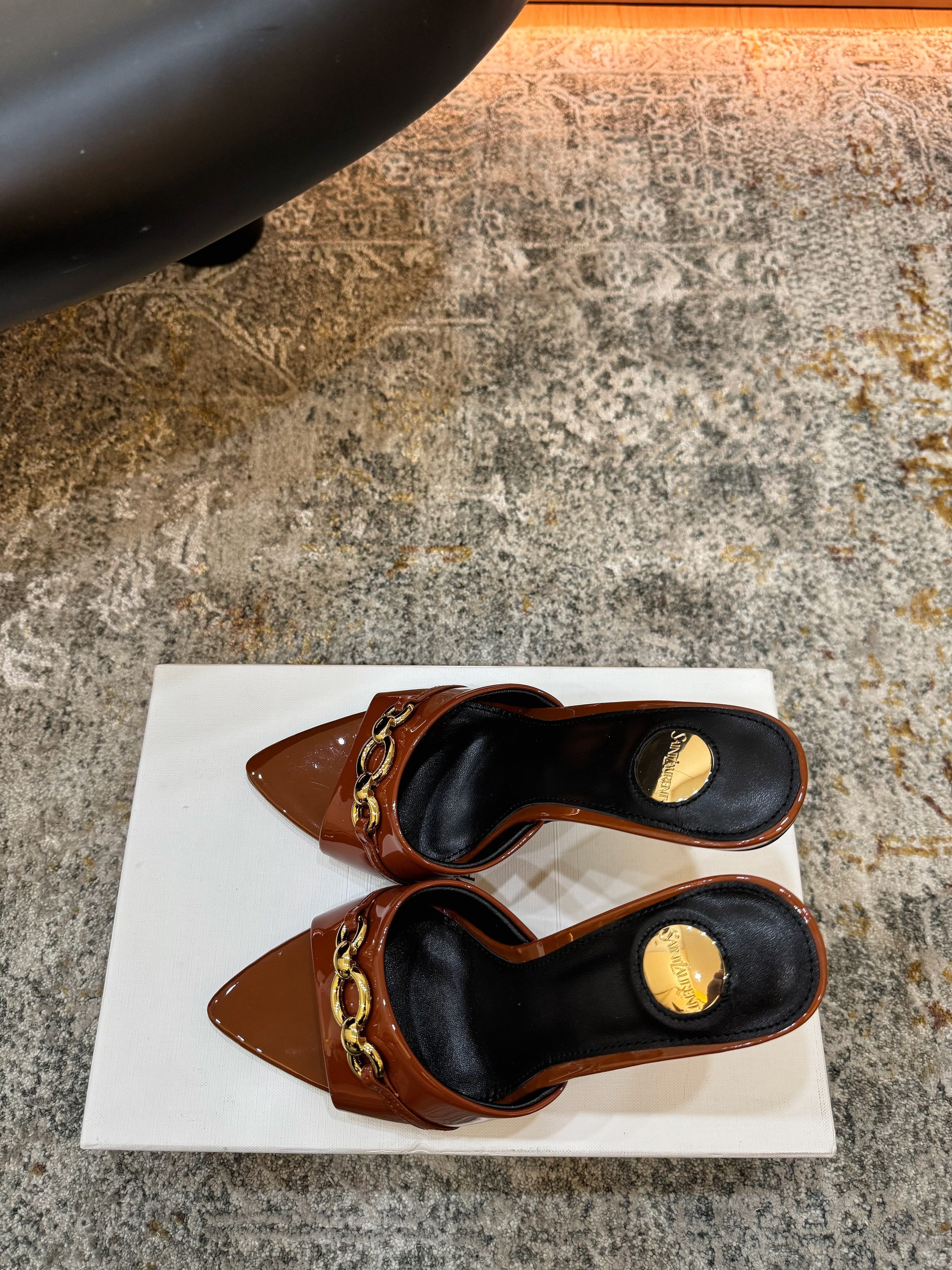 YSL 26S POINTED TOE HIGH HEEL SANDALS 100 MM IN BROWN GLOSSY CALFSKIN