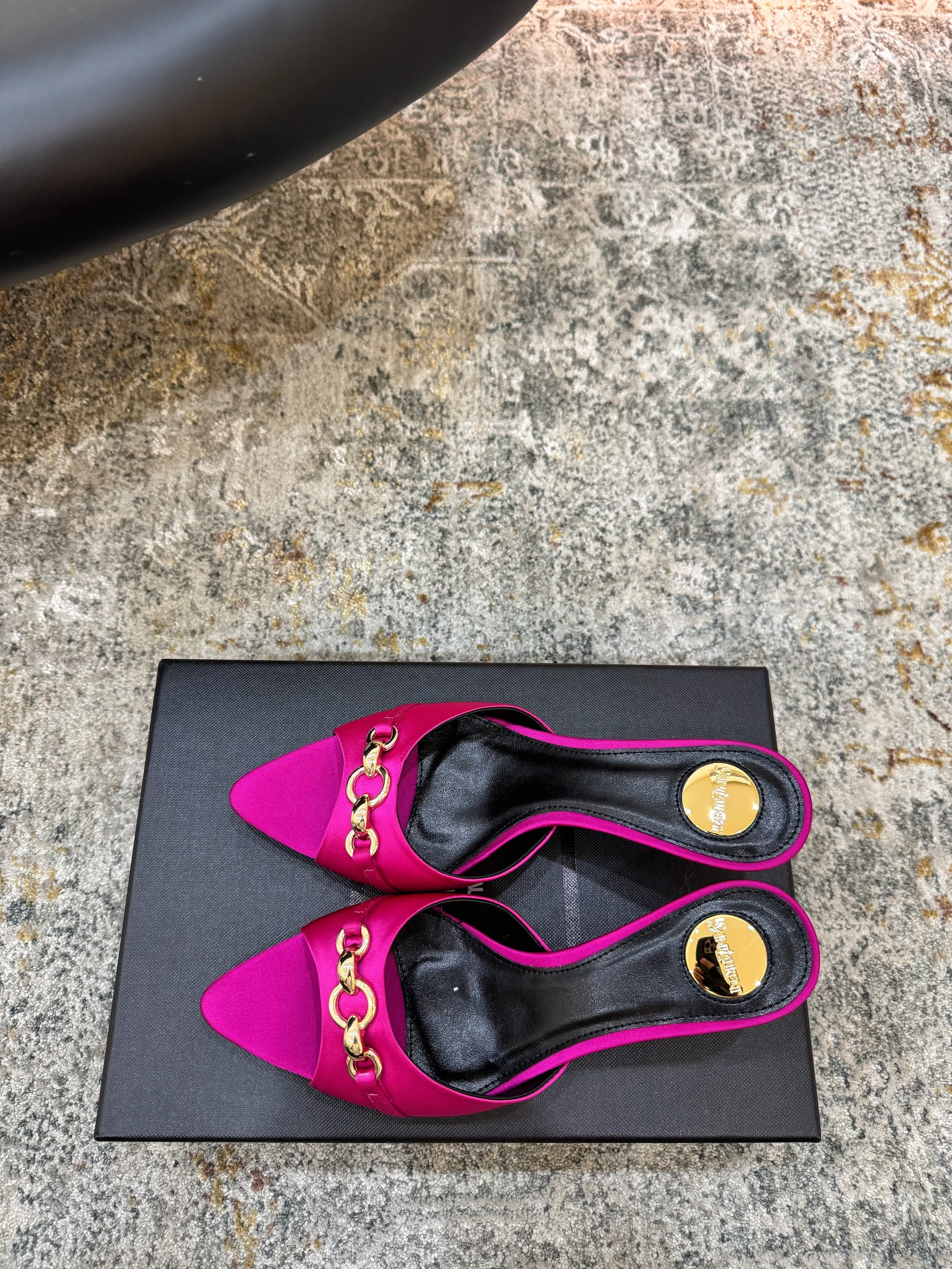 YSL 26S POINTED TOE HIGH HEEL SANDALS 65 MM IN DARK PINK FABRIC