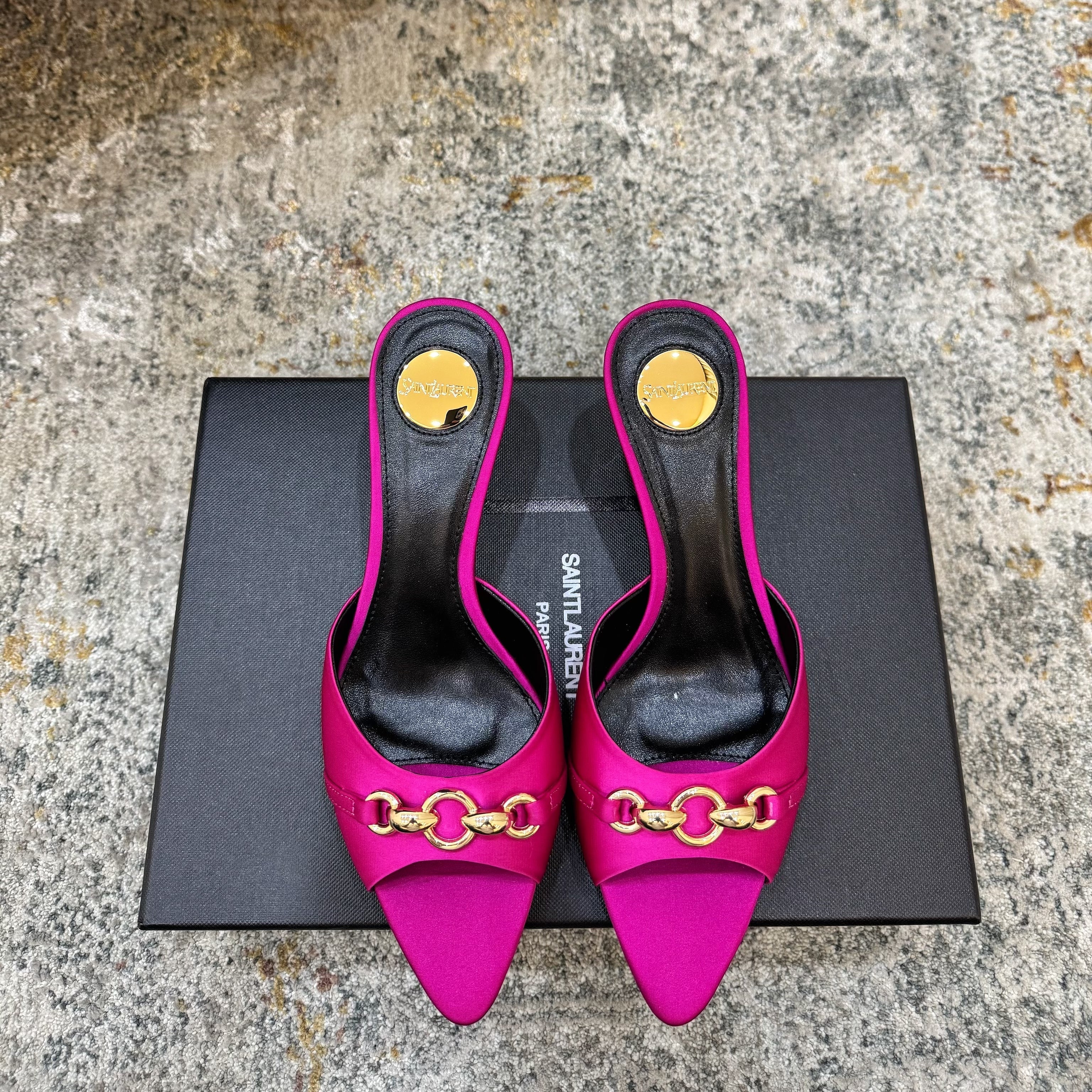 YSL 26S POINTED TOE HIGH HEEL SANDALS 65 MM IN DARK PINK FABRIC
