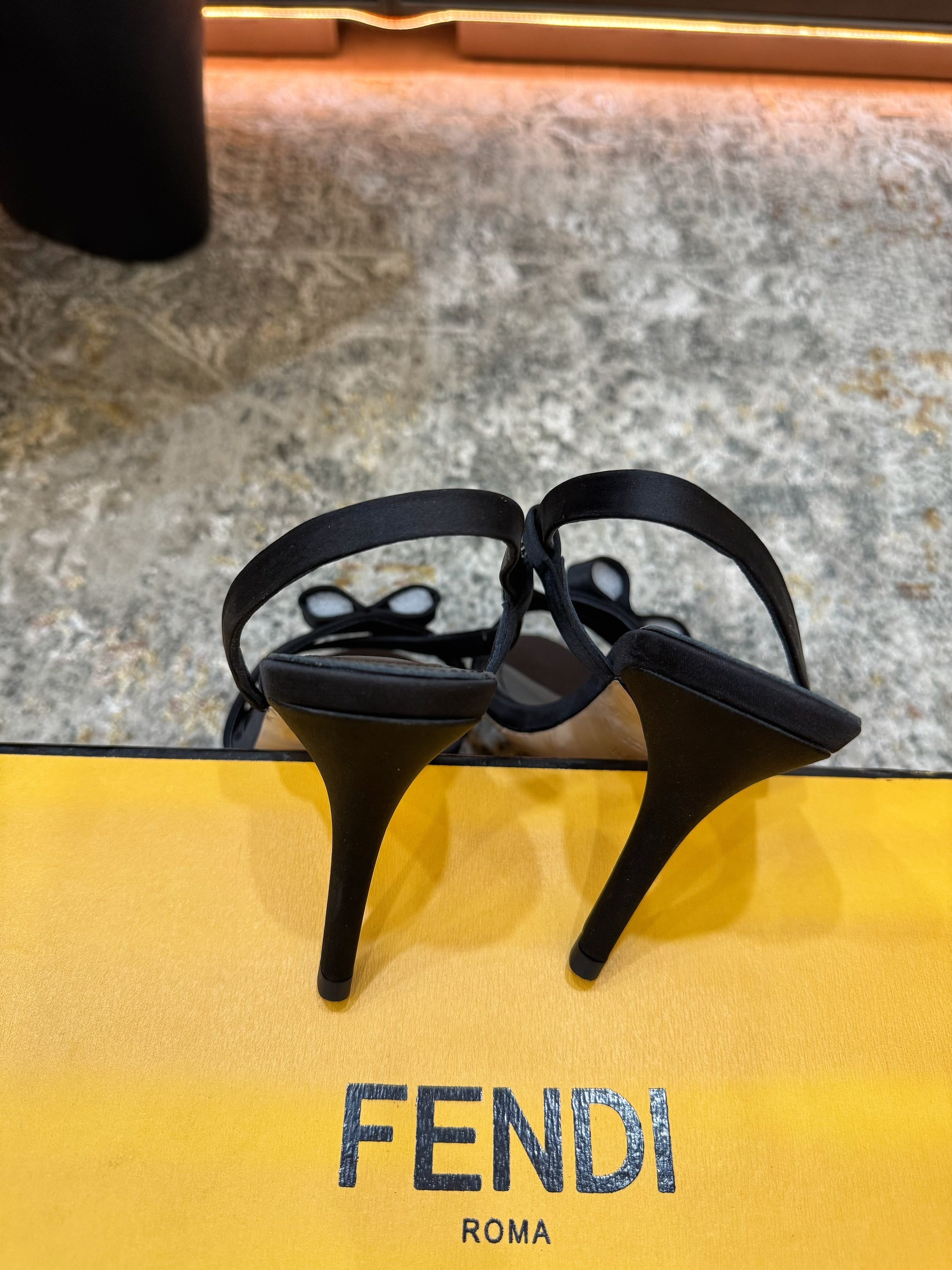 FENDI 26S HIGH-HEELED SANDALS 75 MM IN BLACK SATIN