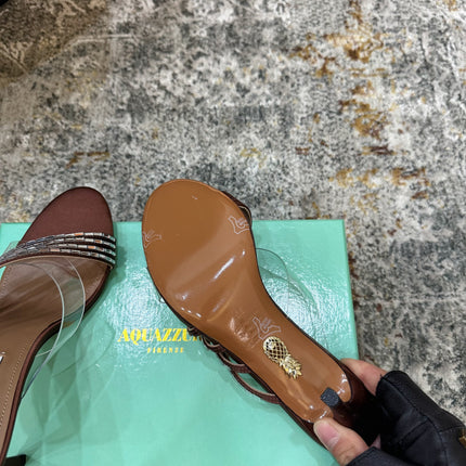 AQUAZZURA 26S CRYSTAL MULES 90 MM IN BROWN SATIN