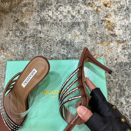 AQUAZZURA 26S CRYSTAL MULES 90 MM IN BROWN SATIN