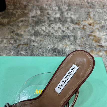AQUAZZURA 26S CRYSTAL MULES 90 MM IN BROWN SATIN