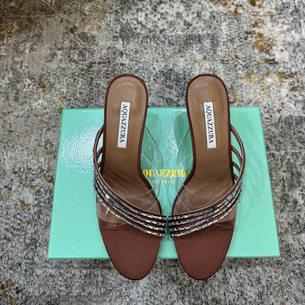 AQUAZZURA 26S CRYSTAL MULES 90 MM IN BROWN SATIN