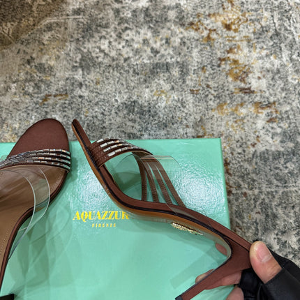 AQUAZZURA 26S CRYSTAL MULES 90 MM IN BROWN SATIN