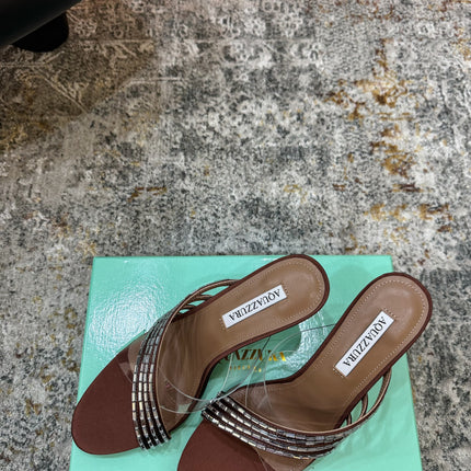AQUAZZURA 26S CRYSTAL MULES 90 MM IN BROWN SATIN
