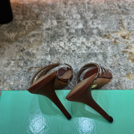 AQUAZZURA 26S CRYSTAL MULES 90 MM IN BROWN SATIN