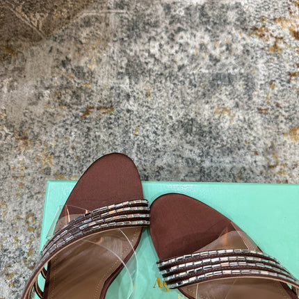 AQUAZZURA 26S CRYSTAL MULES 90 MM IN BROWN SATIN
