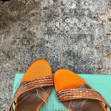 AQUAZZURA 26S CRYSTAL MULES 90 MM IN ORANGE SATIN