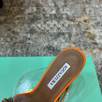 AQUAZZURA 26S CRYSTAL MULES 90 MM IN ORANGE SATIN