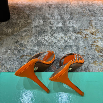 AQUAZZURA 26S CRYSTAL MULES 90 MM IN ORANGE SATIN