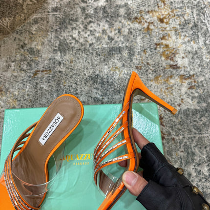 AQUAZZURA 26S CRYSTAL MULES 90 MM IN ORANGE SATIN