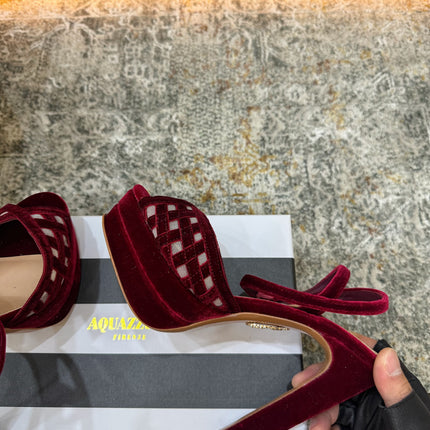 AQUAZZURA 26S HIGH-HEEL SANDALS 130 MM IN DARK RED VELVET