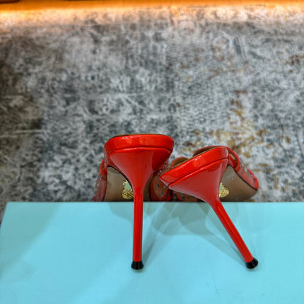 AQUAZZURA 26S HIGH-HEEL SANDALS 105 MM IN RED PATENT CALFSKIN AND MESH