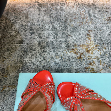 AQUAZZURA 26S HIGH-HEEL SANDALS 105 MM IN RED PATENT CALFSKIN AND MESH