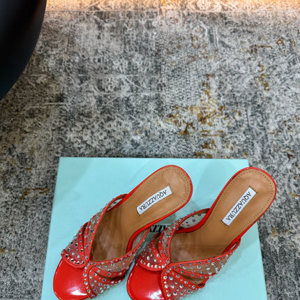 AQUAZZURA 26S HIGH-HEEL SANDALS 105 MM IN RED PATENT CALFSKIN AND MESH