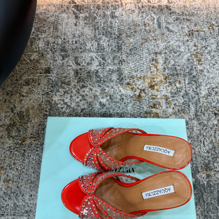 AQUAZZURA 26S HIGH-HEEL SANDALS 105 MM IN RED PATENT CALFSKIN AND MESH