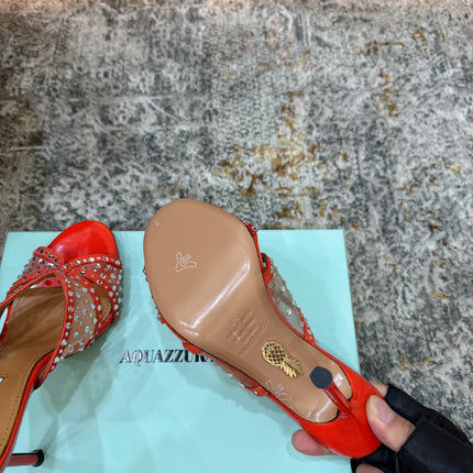 AQUAZZURA 26S HIGH-HEEL SANDALS 105 MM IN RED PATENT CALFSKIN AND MESH