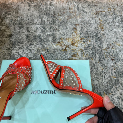 AQUAZZURA 26S HIGH-HEEL SANDALS 105 MM IN RED PATENT CALFSKIN AND MESH
