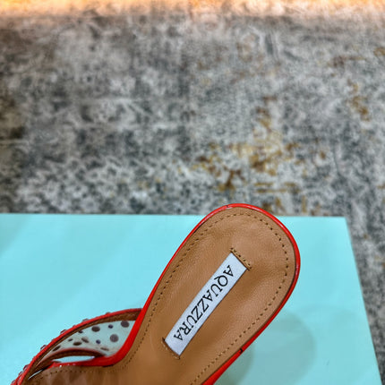 AQUAZZURA 26S HIGH-HEEL SANDALS 105 MM IN RED PATENT CALFSKIN AND MESH