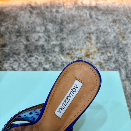 AQUAZZURA 26S HIGH-HEEL SANDALS 105 MM IN NAVY BLUE PATENT CALFSKIN AND MESH