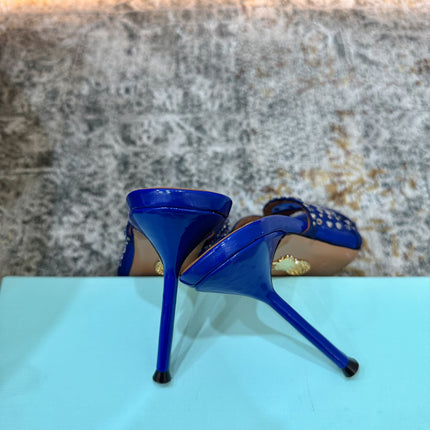 AQUAZZURA 26S HIGH-HEEL SANDALS 105 MM IN NAVY BLUE PATENT CALFSKIN AND MESH