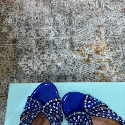 AQUAZZURA 26S HIGH-HEEL SANDALS 105 MM IN NAVY BLUE PATENT CALFSKIN AND MESH