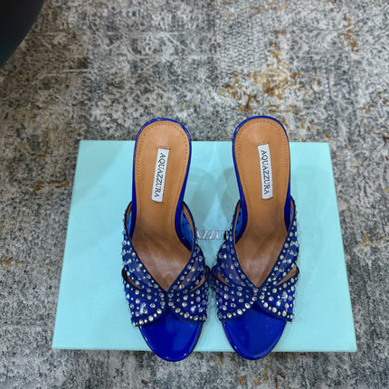 AQUAZZURA 26S HIGH-HEEL SANDALS 105 MM IN NAVY BLUE PATENT CALFSKIN AND MESH
