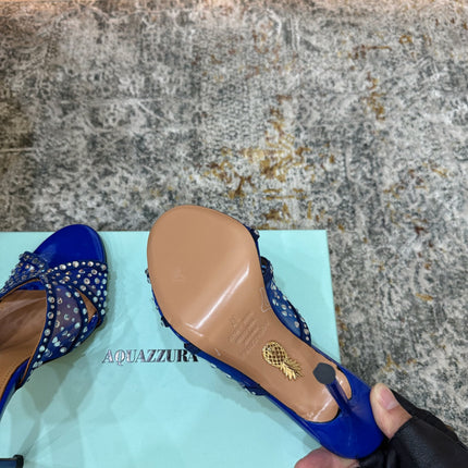 AQUAZZURA 26S HIGH-HEEL SANDALS 105 MM IN NAVY BLUE PATENT CALFSKIN AND MESH