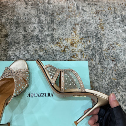 AQUAZZURA 26S HIGH-HEEL SANDALS 105 MM IN LIGHT GOLD CALFSKIN AND MESH