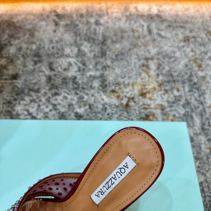 AQUAZZURA 26S HIGH-HEEL SANDALS 105 MM IN DARK RED PATENT CALFSKIN AND MESH