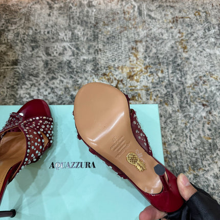 AQUAZZURA 26S HIGH-HEEL SANDALS 105 MM IN DARK RED PATENT CALFSKIN AND MESH