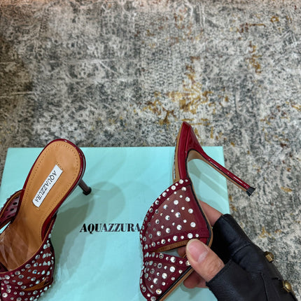 AQUAZZURA 26S HIGH-HEEL SANDALS 105 MM IN DARK RED PATENT CALFSKIN AND MESH